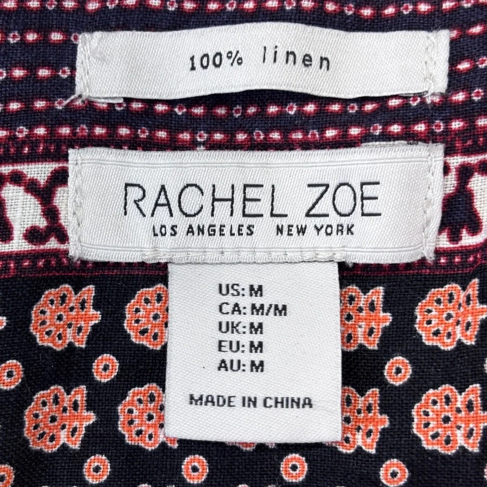 Rachel Zoe Women's Medium Linen Short Sleeve‎ Button Up Shirt Tribal New